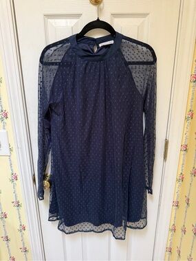 Love Riche Navy Sheer Dot Long-Sleeve Tunic Dress